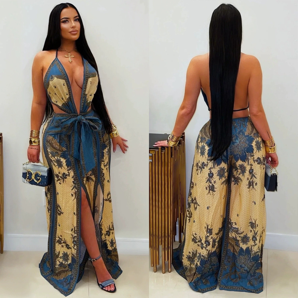 ZARA Dark Vintage Print Tie Waist Slit Wide Leg Resort Jumpsuit